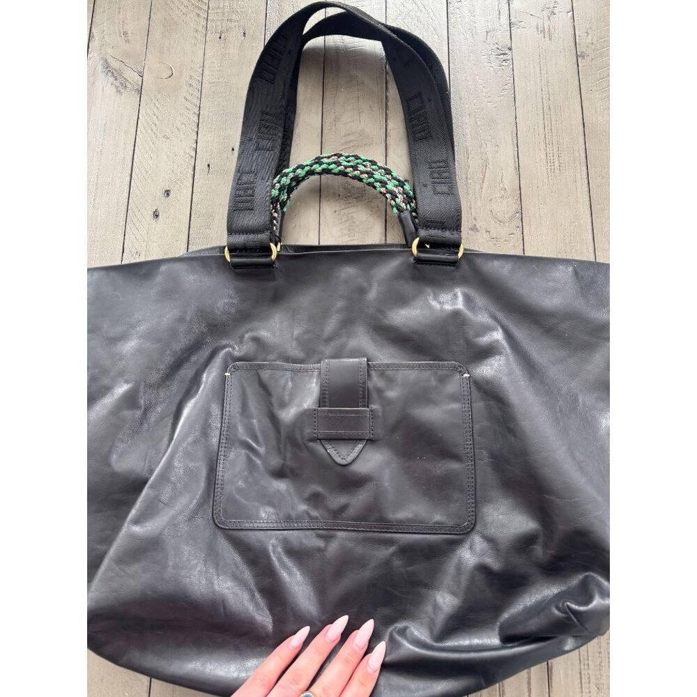 Black Leather Tote Bag with Braided Green Handle Clare V - Picture 4 of 9